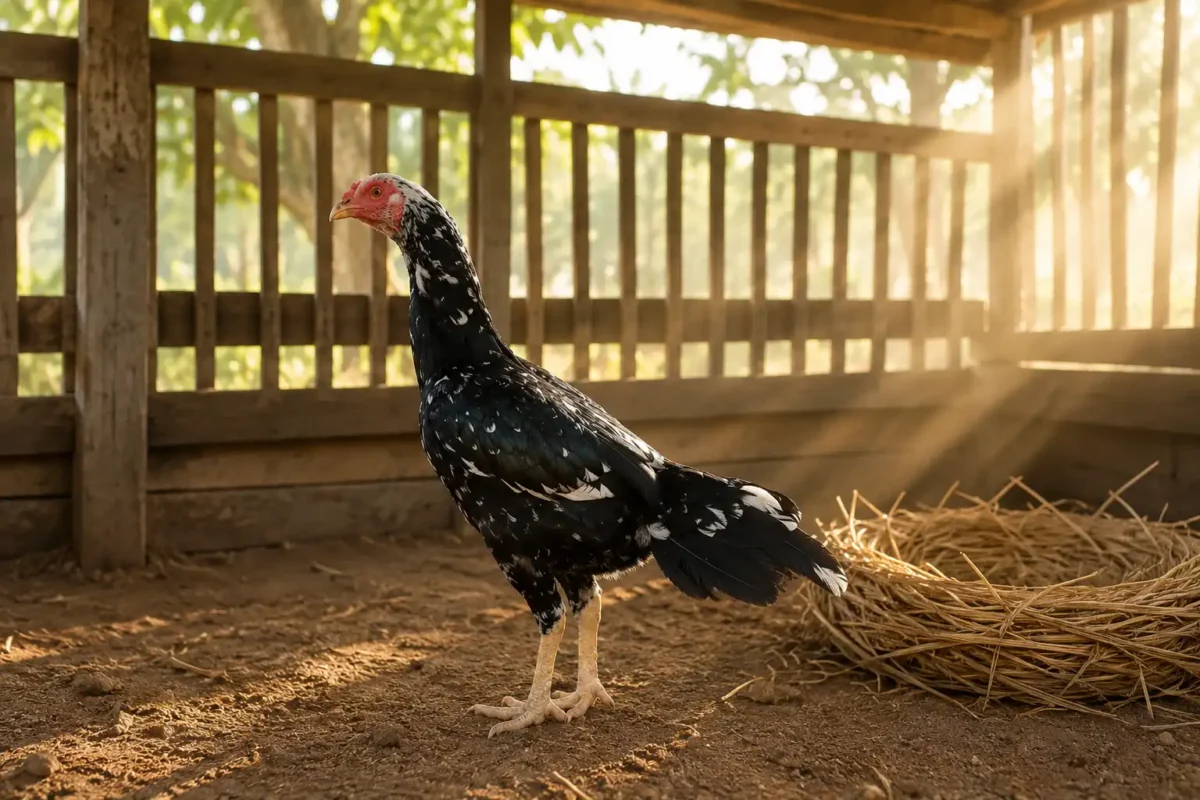 แม่พันธุ์ไก่ชนได้รับแสงเช้าในคอกโปร่งเพื่อช่วยให้ร่างกายพร้อมตามธรรมชาติ