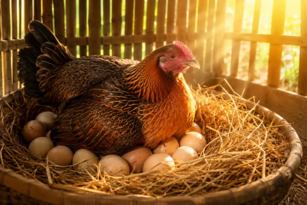 แม่พันธุ์ไก่ชนกำลังกกไข่ในรังอย่างสมบูรณ์