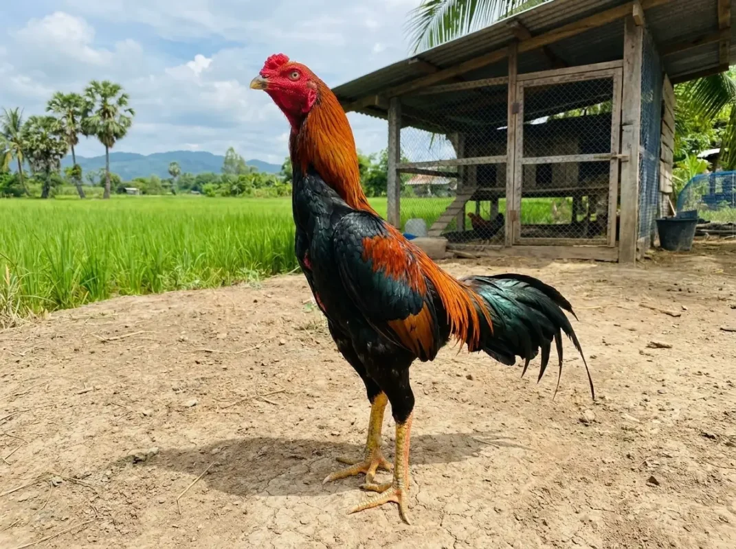 ไก่ป่าก๋อยรูปร่างแข็งแรงยืนอยู่ในลานฟาร์ม