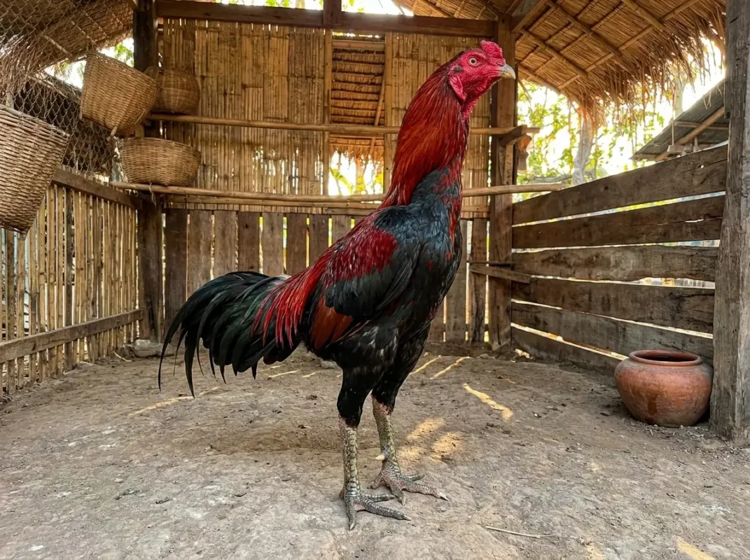 ไก่ประดู่หางดำขนสีเข้มยืนอยู่ในฟาร์ม