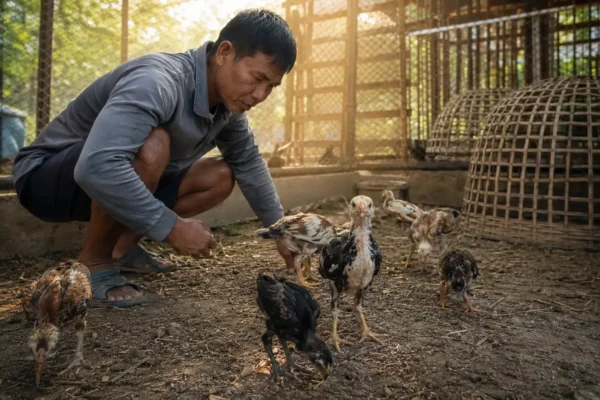 เซียนไก่กำลังสังเกตลูกไก่ชนเพื่อคัดแววไก่เก่งตั้งแต่เล็ก