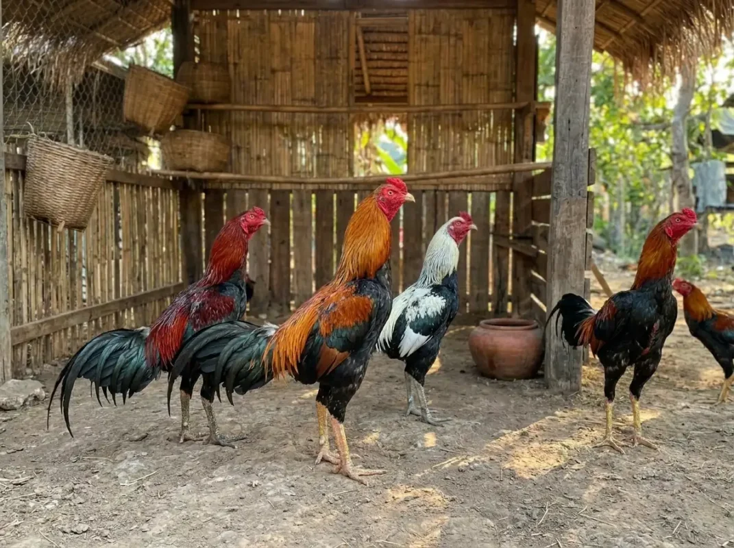 ภาพไก่ชนไทยหลายสายพันธุ์ยืนอยู่ในฟาร์มสะอาด แสดงความหลากหลายของสายพันธุ์ไก่ชน