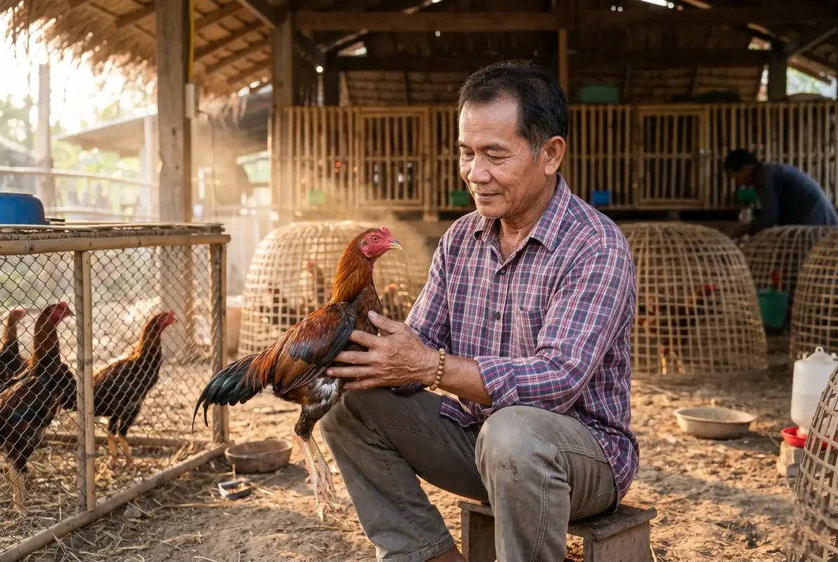 คนเลี้ยงกำลังคัดไก่หนุ่มในซุ้มเพื่อดูแววและความสมบูรณ์ของไก่ชน