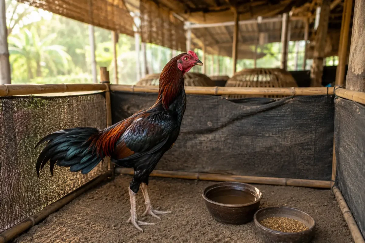 ไก่หนุ่มถูกแยกเลี้ยงในสุ่มส่วนตัวเพื่อปรับตัวและฟื้นความสมบูรณ์ก่อนเตะเช็ก