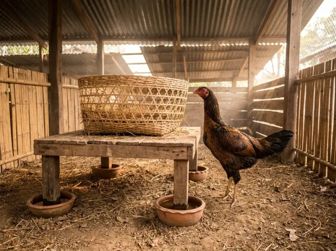 รังฟักแม่ไก่ชนยกสูงพร้อมถ้วยน้ำรองขาตั้งเพื่อป้องกันมดขึ้นรัง