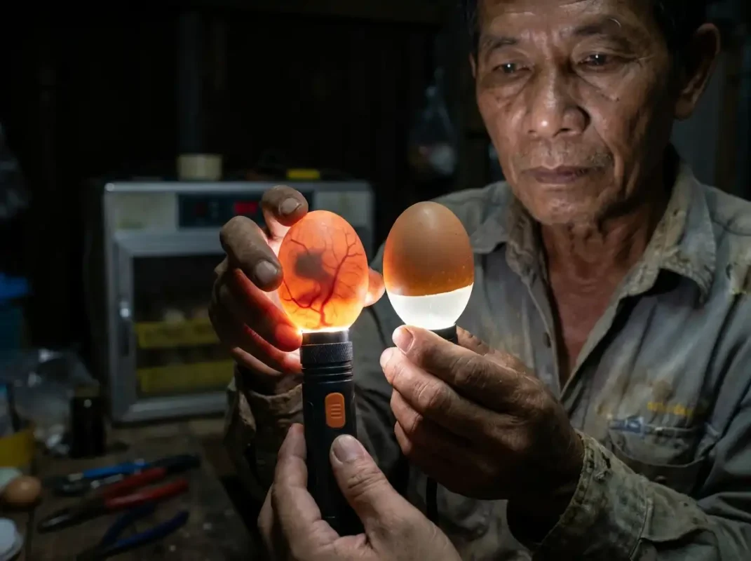 การส่องไข่ไก่ชนเพื่อแยกไข่มีเชื้อและไข่ไม่มีเชื้อด้วยไฟส่องไข่