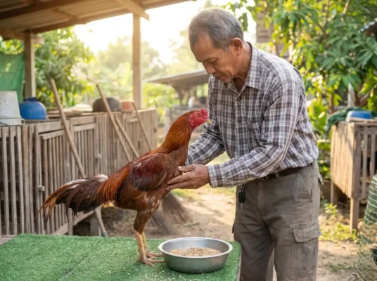 ไก่ชนกินอาหารเก่งแต่ลำตัวผอมและกล้ามเนื้อหน้าอกไม่เต็ม