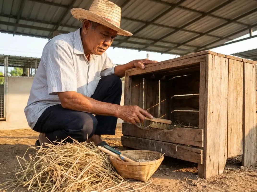 ผู้เลี้ยงตรวจซอกไม้และทำความสะอาดรังฟักเพื่อป้องกันไรไก่ก่อนแม่ไก่เข้าฟัก
