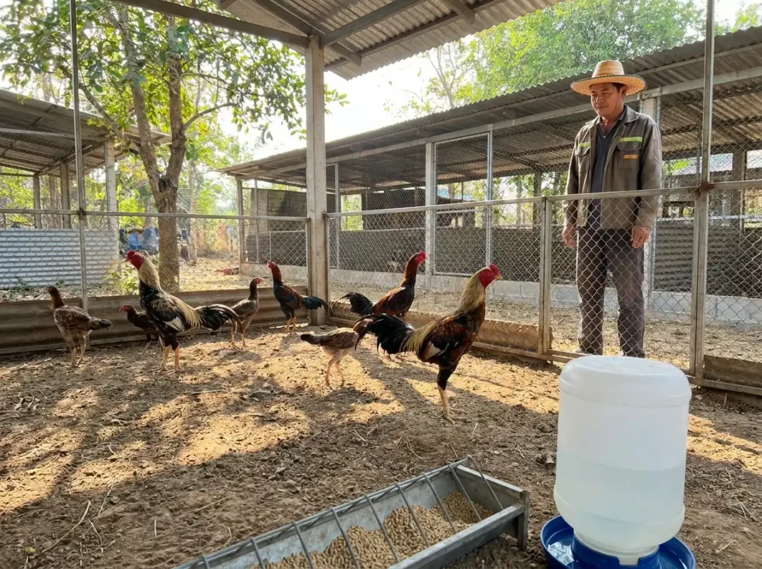 ไก่ชนวัยกำลังโตในคอกสะอาด มีอาหาร น้ำ และพื้นที่เดินอย่างเหมาะสม