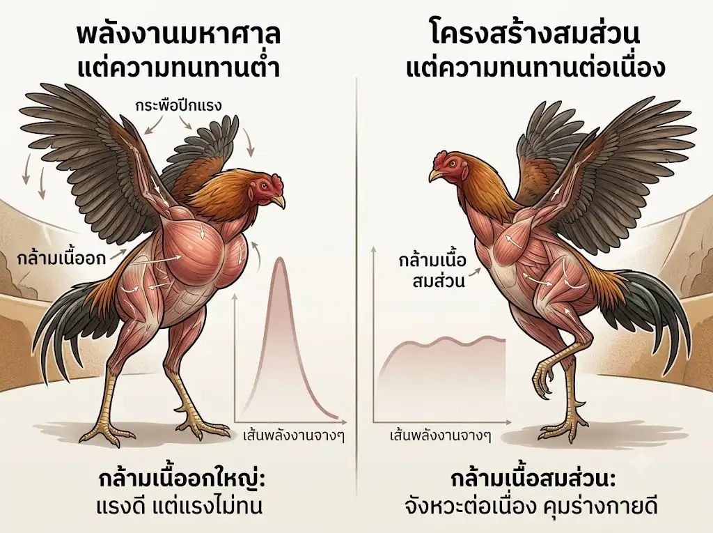 เปรียบเทียบไก่บินแรงช่วงแรกกับไก่ที่รักษาแรงบินได้ต่อเนื่อง