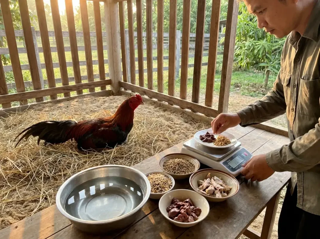 การพักฟื้นไก่ชนด้วยน้ำสะอาด อาหารสมดุล และอาหารเสริมในปริมาณเหมาะสม