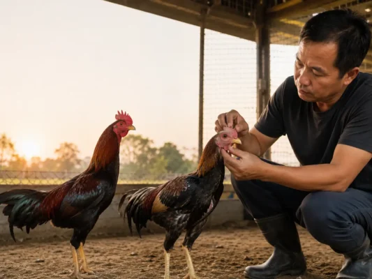 ไก่ชนหน้าซีดและหงอนซีดกำลังได้รับการตรวจสุขภาพจากผู้เลี้ยง