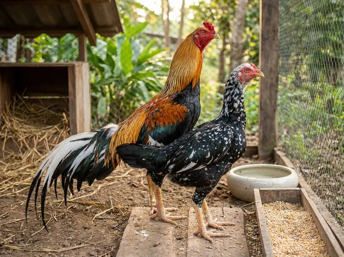 พ่อพันธุ์และแม่พันธุ์ไก่ชนสุขภาพดียืนอยู่ในฟาร์มเพาะพันธุ์สะอาด
