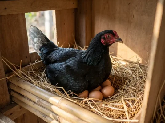 แม่ไก่ชนกำลังกกไข่ในรังฟักธรรมชาติที่รองด้วยฟางแห้งสะอาด