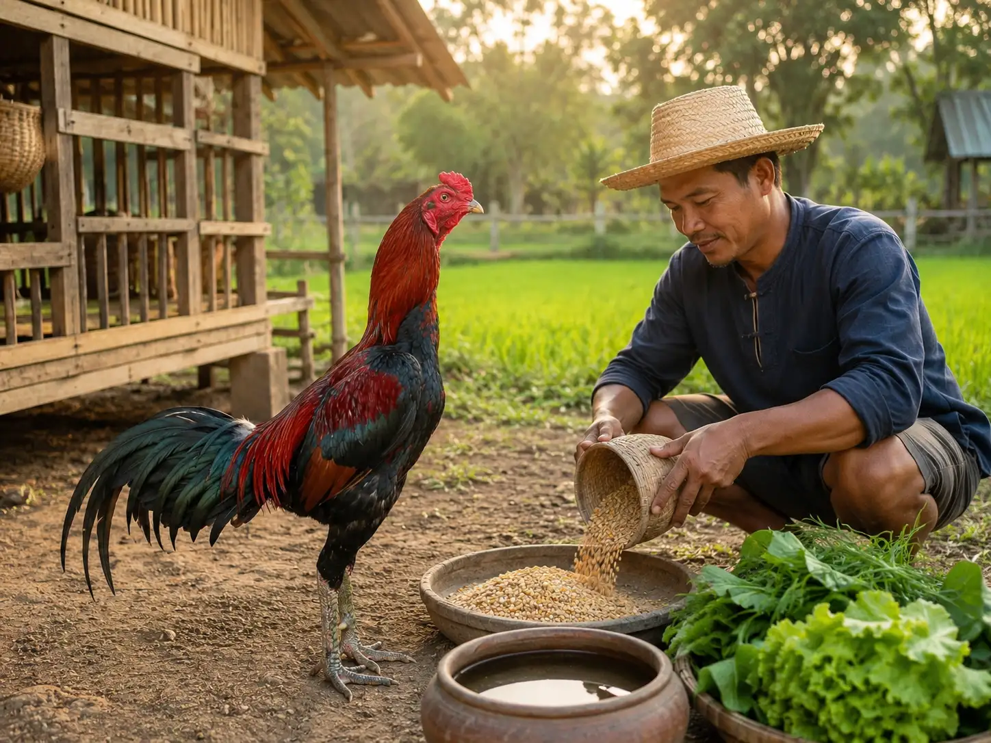 เจ้าของดูแลไก่ชนสุขภาพดีในฟาร์มสะอาด พร้อมอาหารและน้ำสะอาดสำหรับการเลี้ยงไก่ชน