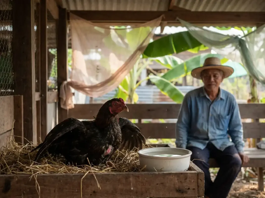 ไก่ชนพักในที่ร่มและอากาศถ่ายเทเพื่อระบายความร้อนหลังใช้แรงหนัก