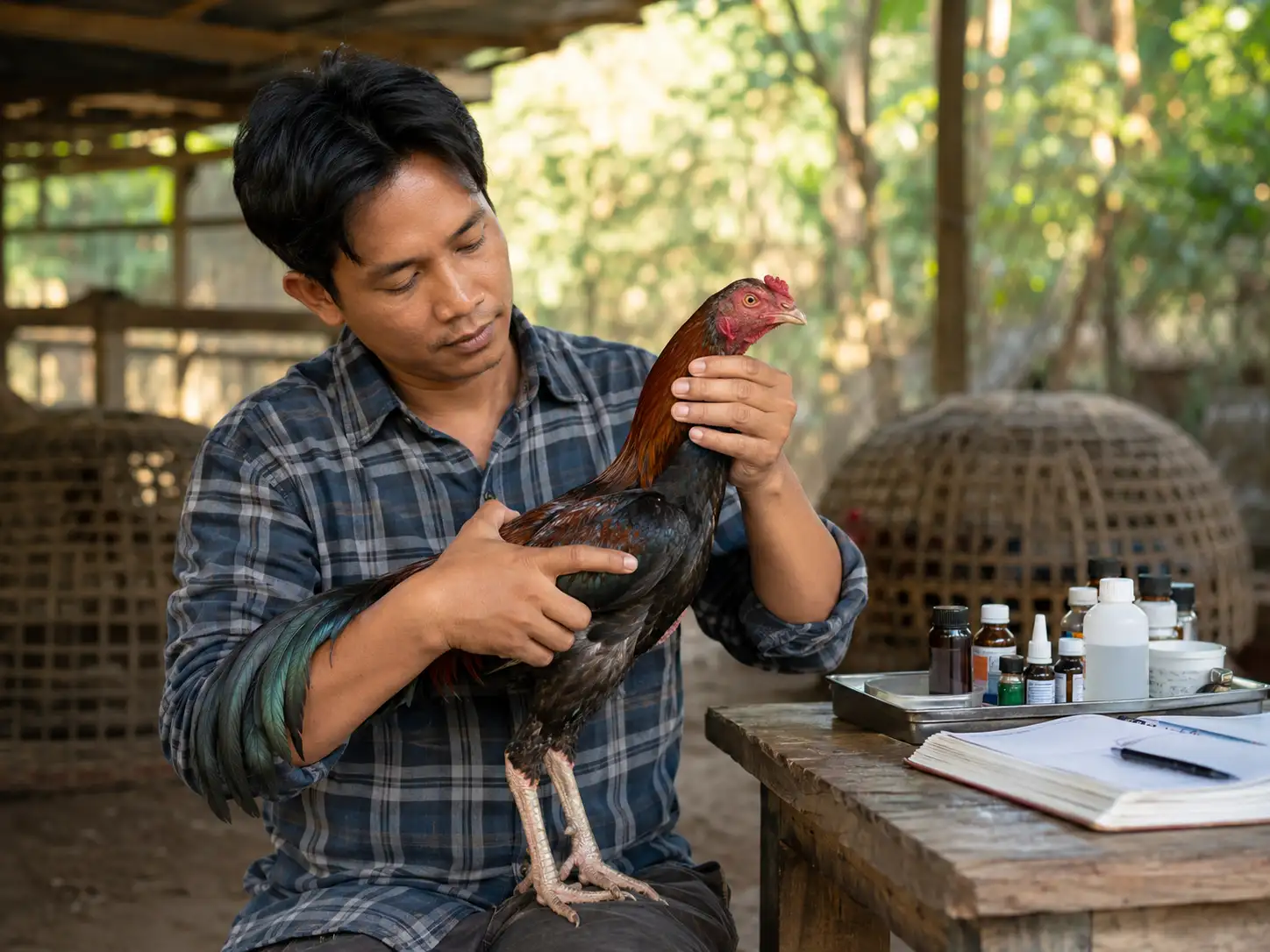 ผู้ดูแลตรวจสุขภาพไก่ชนอย่างระมัดระวังในฟาร์มสะอาด สื่อถึงการป้องกันโรคไก่ชน