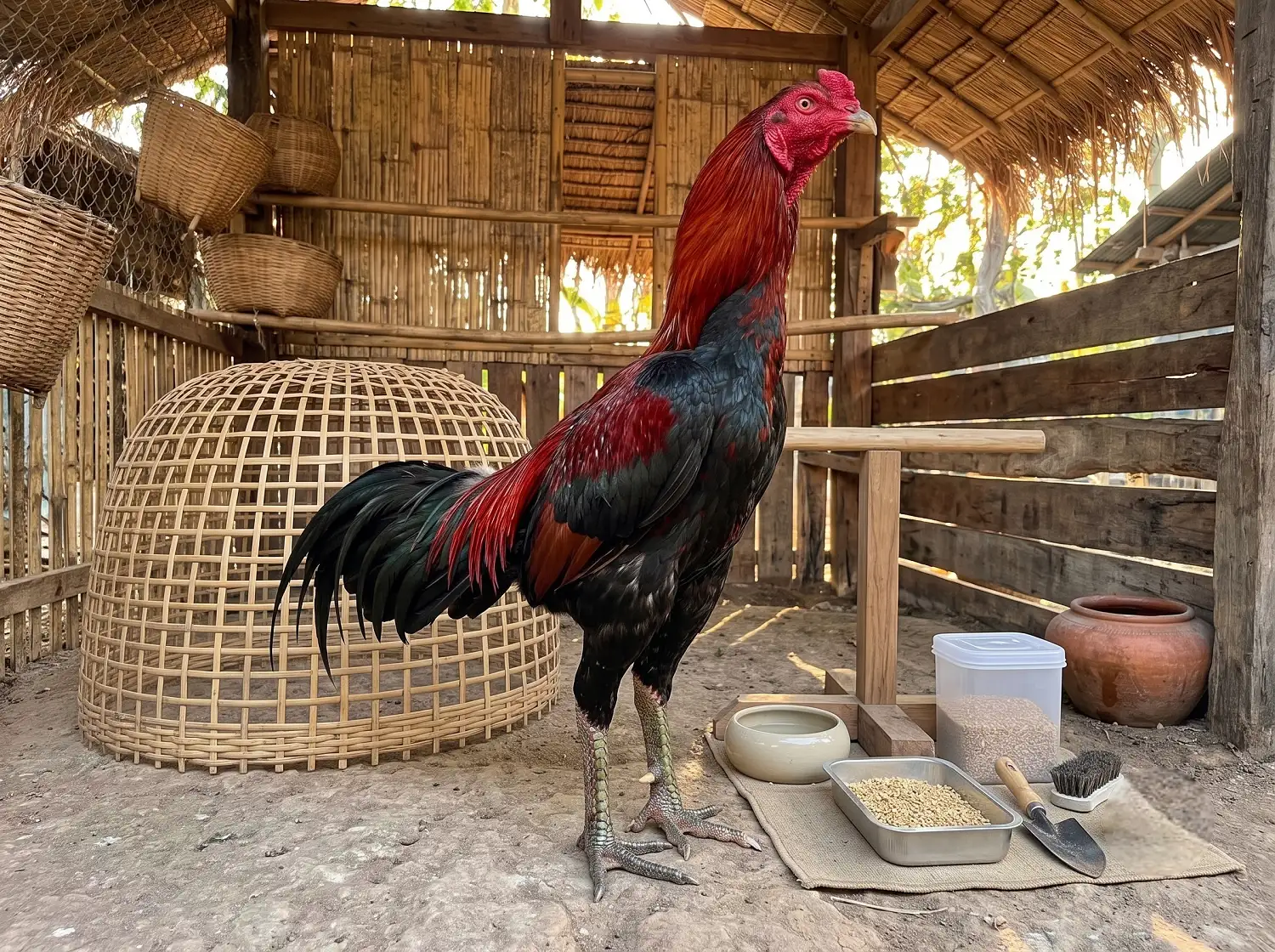 ไก่ชนสุขภาพดียืนข้างอุปกรณ์เลี้ยงไก่ชนที่จัดวางอย่างเป็นระเบียบในฟาร์มสะอาด