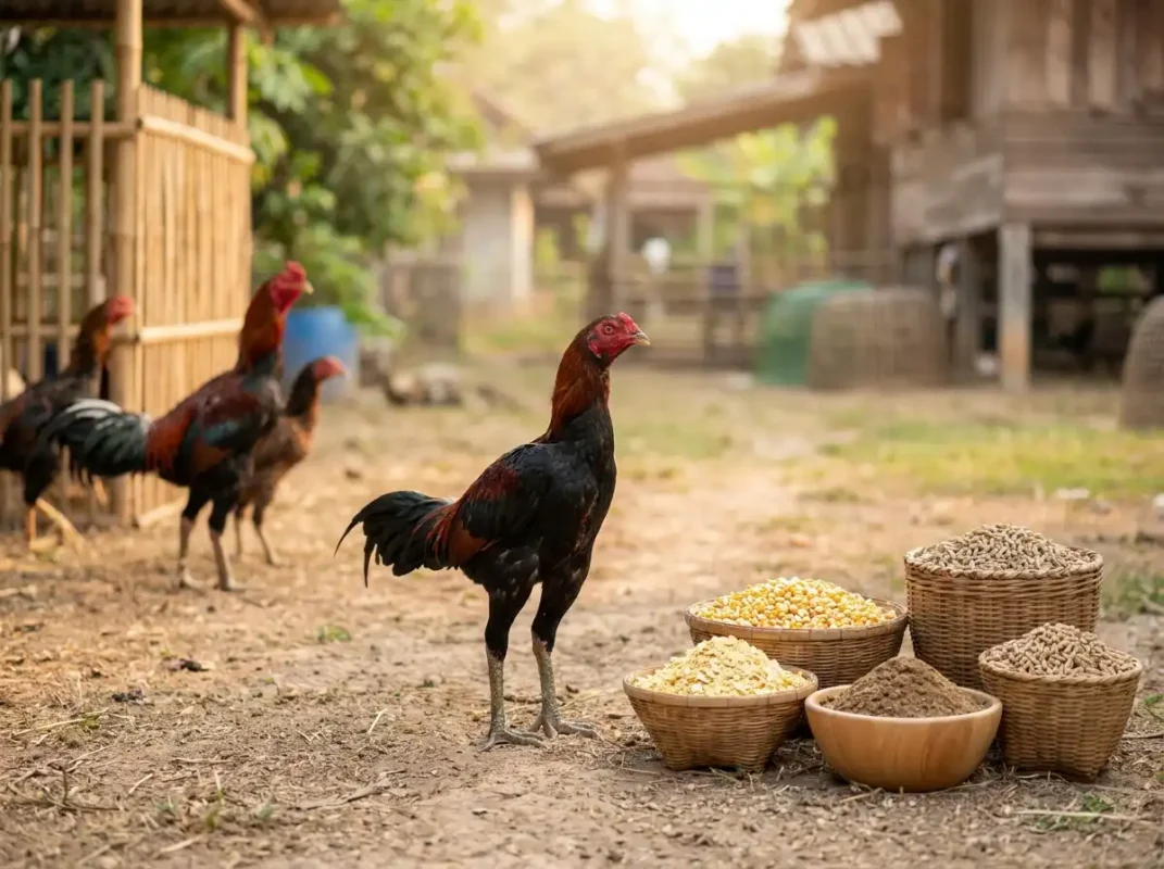 ไก่ชนวัยกำลังโตกับพ่อแม่พันธุ์และวัตถุดิบอาหาร แสดงความสัมพันธ์ระหว่างพันธุกรรมกับโภชนาการ
