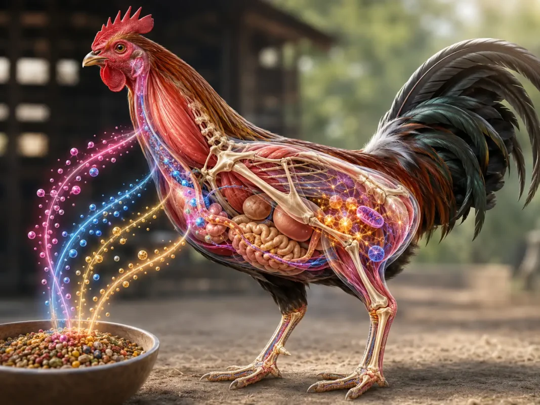 ภาพอธิบายว่าสารอาหารจากอาหารช่วยกล้ามเนื้อ กระดูก ขน และพลังงานของไก่ชน