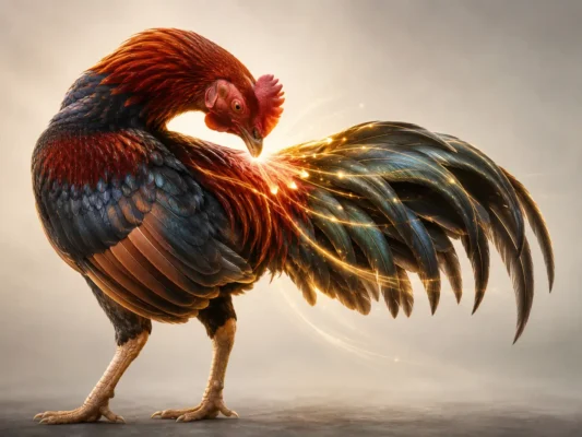 ไก่ชนกำลังไซ้ขนและกระจายน้ำมันจากต่อมน้ำมันโคนหาง