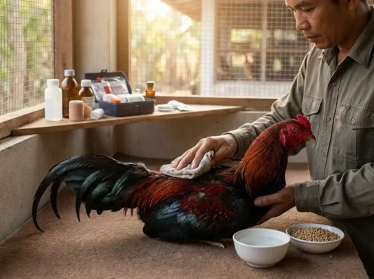 การดูแลและฟื้นฟูไก่ชนหลังซ้อมหนักในคอกที่สะอาดและอากาศถ่ายเท