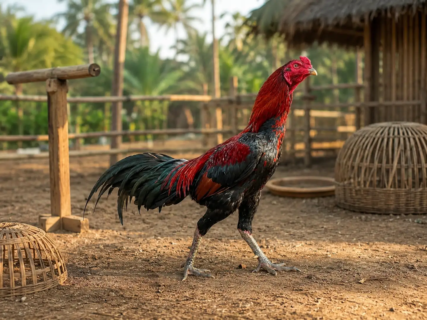 ไก่ชนสุขภาพดีเดินออกกำลังกายในลานฝึกสะอาด สื่อถึงการฝึกไก่ชนเพื่อความฟิตและวินัย