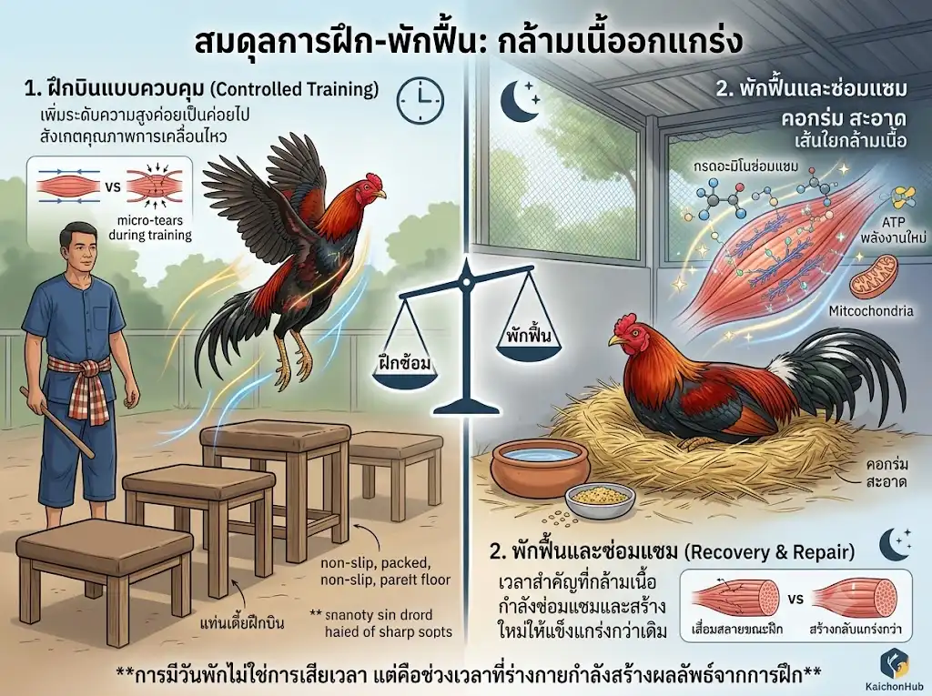 การฝึกบินและพักฟื้นเพื่อพัฒนากล้ามเนื้ออกไก่ชน