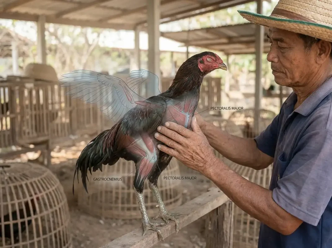 การลูบและนวดกล้ามเนื้อไก่ชนอย่างเบามือเพื่อช่วยผ่อนคลายหลังใช้แรง