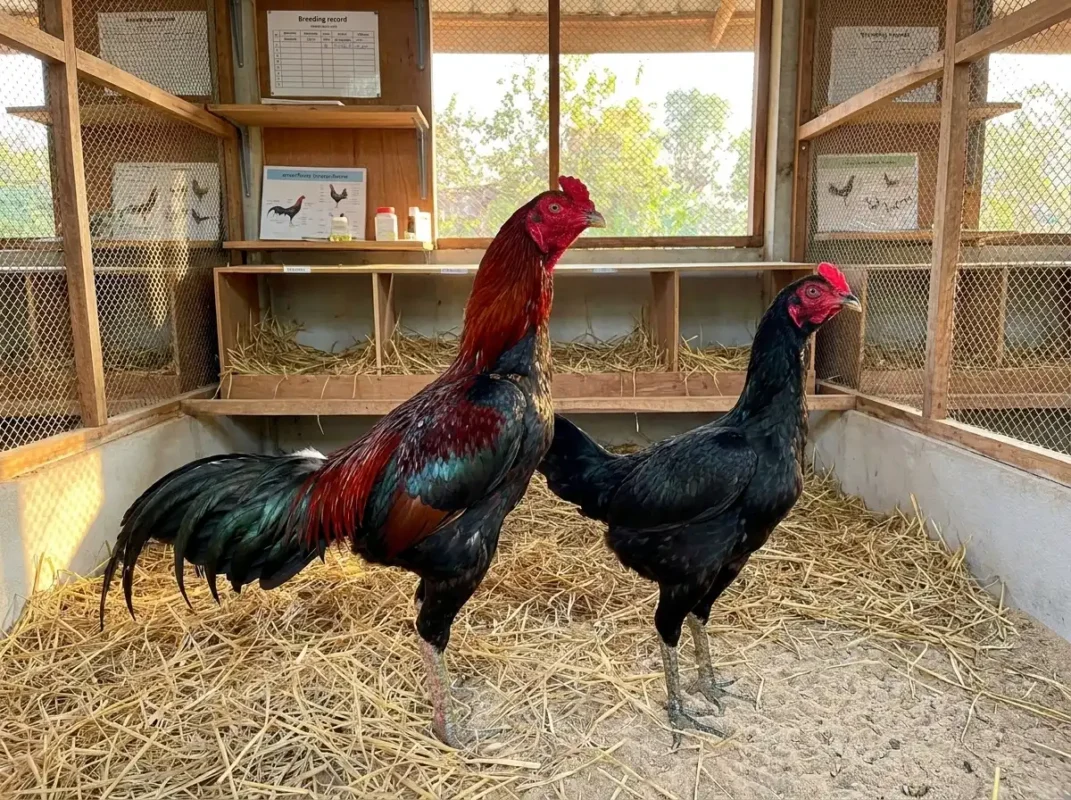 พ่อพันธุ์และแม่พันธุ์ไก่ชนสุขภาพสมบูรณ์พร้อมสำหรับการผสมพันธุ์