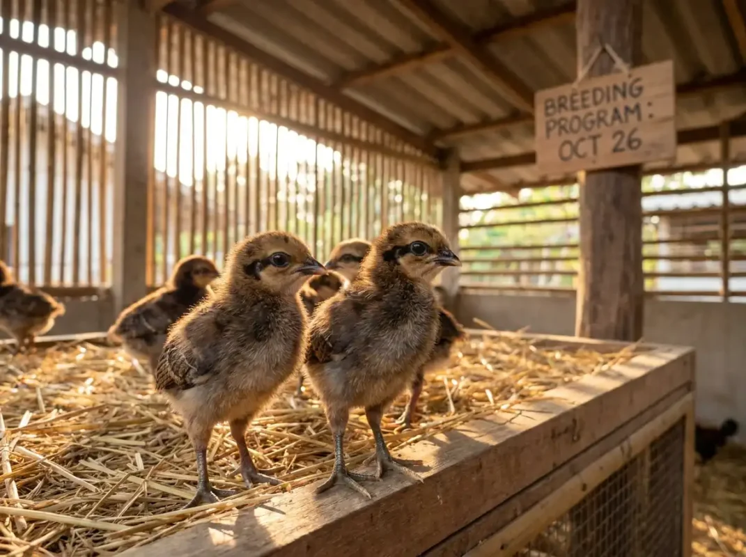 ลูกไก่ชนสุขภาพแข็งแรงที่ฟักออกจากไข่สำเร็จในฟาร์มสะอาด