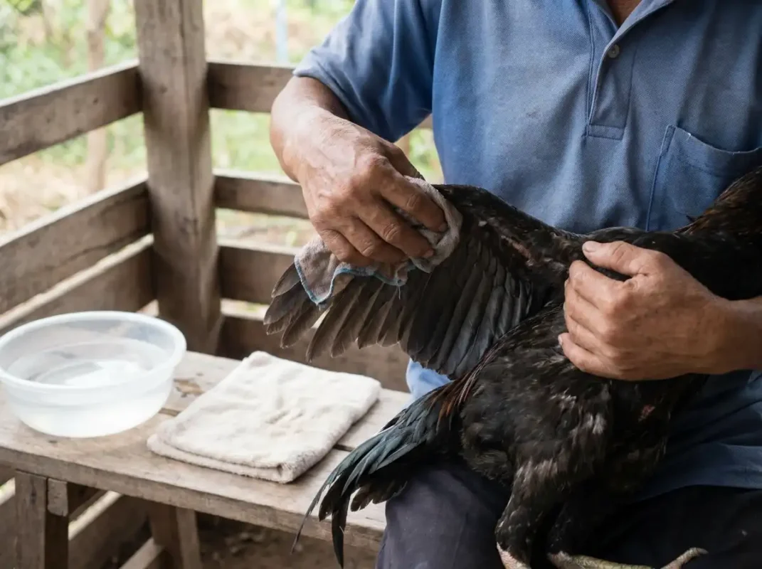 ผู้เลี้ยงใช้ผ้าชุบน้ำหมาดเช็ดตัวไก่ชนอย่างเบามือหลังออกแรง