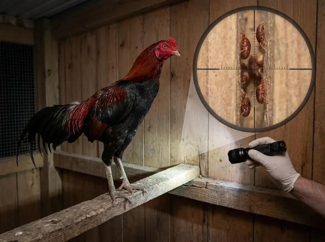 ผู้เลี้ยงตรวจหาไรแดงไก่ที่ซ่อนอยู่ตามรอยแตกของคอนไม้ในเวลากลางคืน