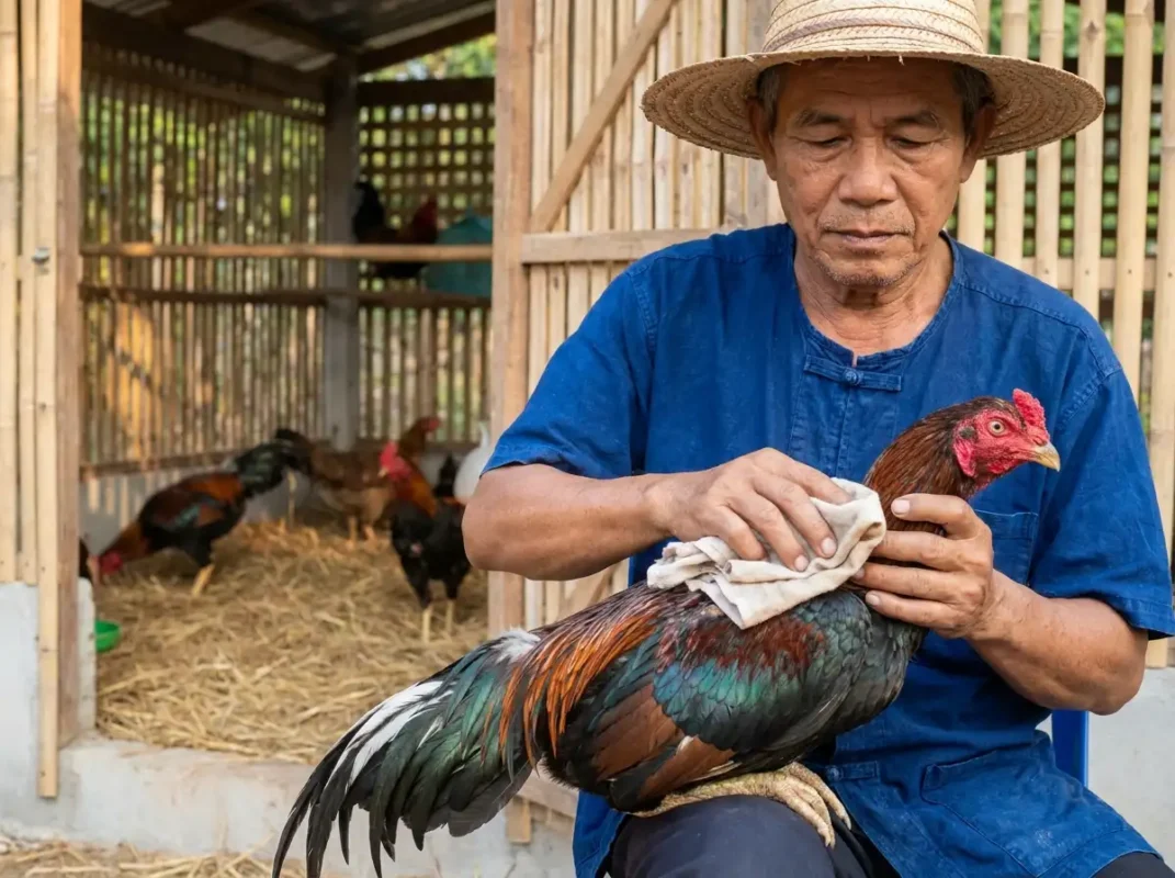 การเช็ดตัวไก่ชนอย่างถูกวิธีเพื่อถนอมสุขภาพขน