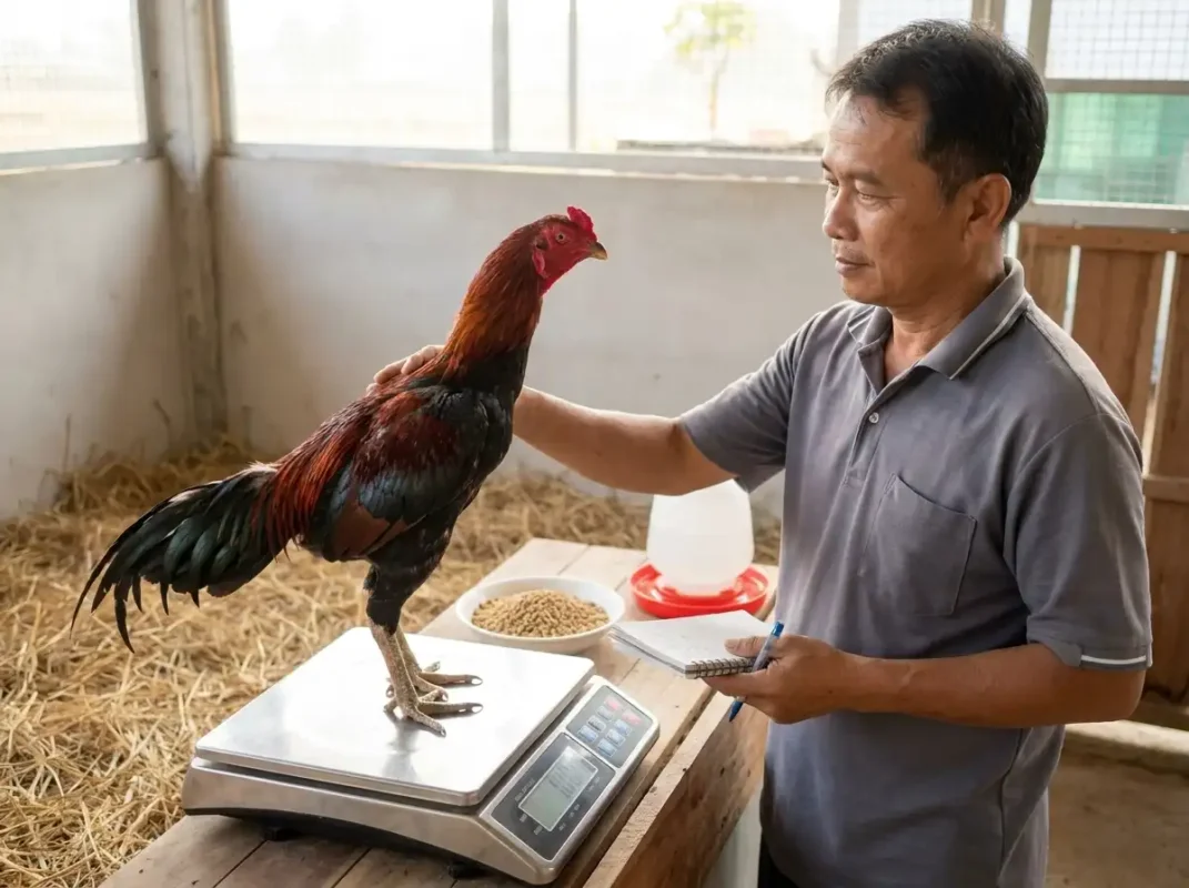 การชั่งน้ำหนักและติดตามการฟื้นฟูไก่ชนที่มีลำตัวผอม