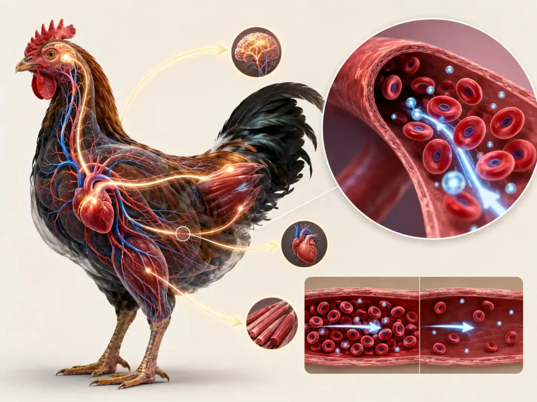 ภาพอธิบายเม็ดเลือดแดงของไก่ขนส่งออกซิเจนไปยังหัวใจ สมอง และกล้ามเนื้อ