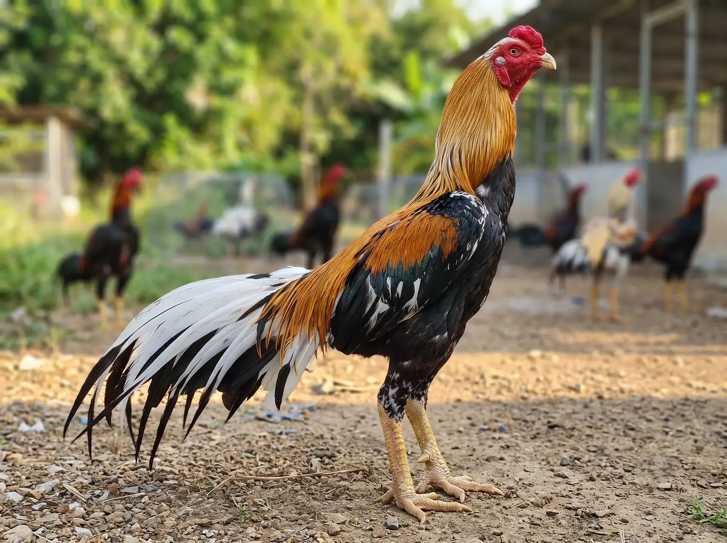 ไก่ชนไทยสุขภาพดียืนเต็มตัวในฟาร์มสะอาด แสดงโครงสร้างและลักษณะสายพันธุ์ไก่ชน