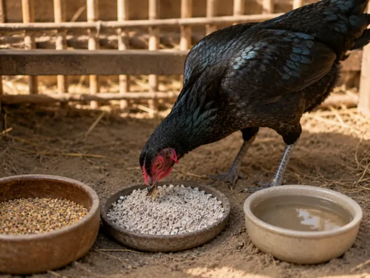 แม่พันธุ์ไก่ชนกินเปลือกหอยบดเพื่อเสริมแคลเซียม