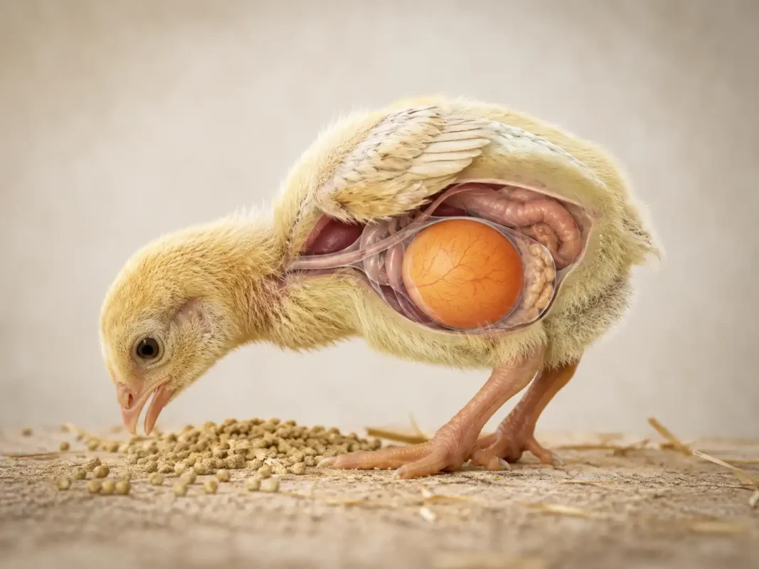 ถุงไข่แดงที่เหลือในลูกไก่หลังฟักและการเริ่มกินอาหารมื้อแรก