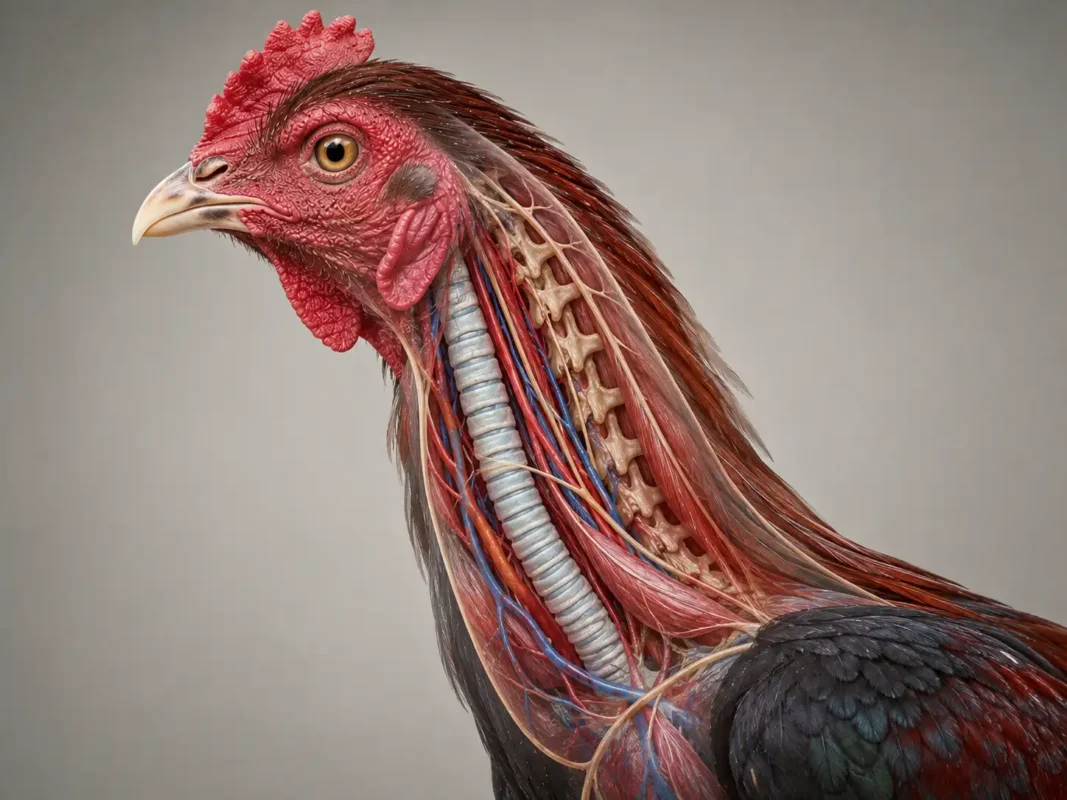 กายวิภาคภายในลำคอไก่ แสดงหลอดลม หลอดอาหาร กล้ามเนื้อและหลอดเลือด