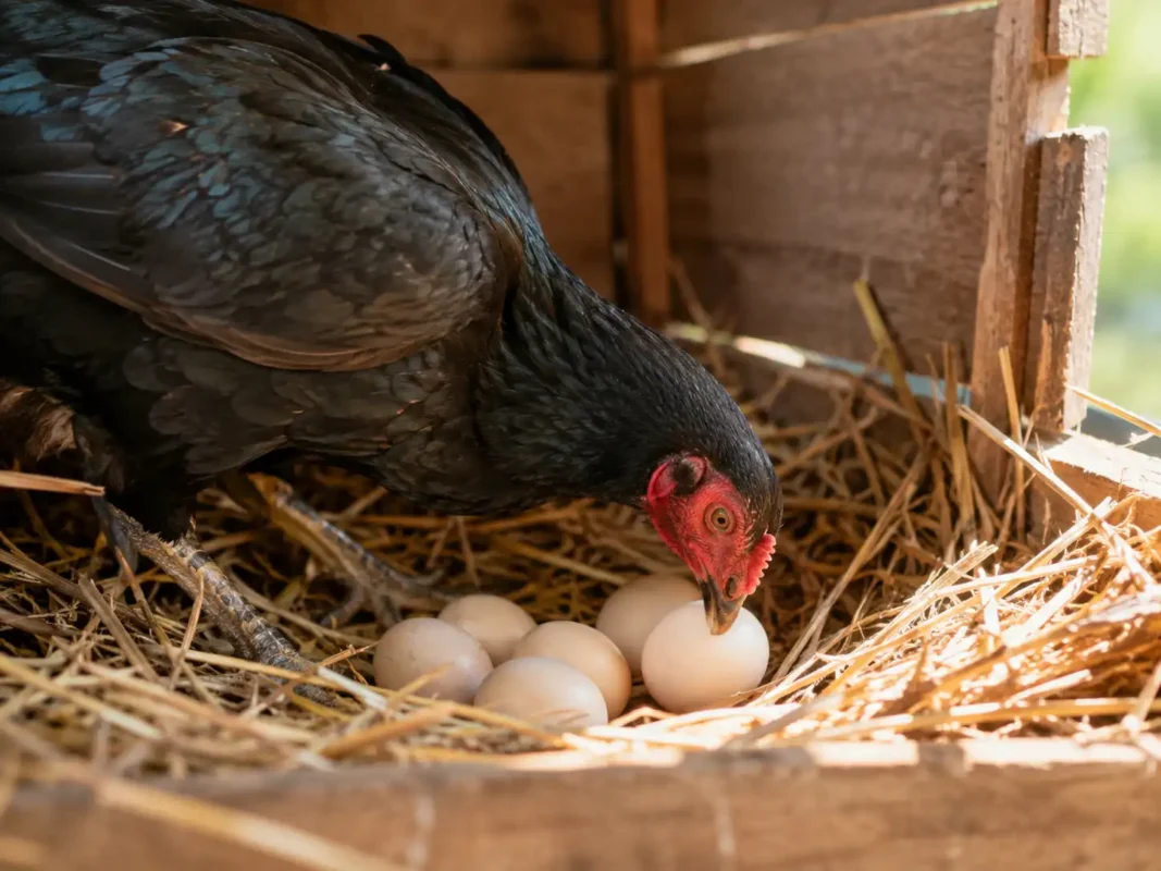 แม่พันธุ์ไก่ชนกำลังจิกไข่ภายในรังฟาง