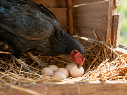แม่พันธุ์ไก่ชนกำลังจิกไข่ภายในรังฟาง