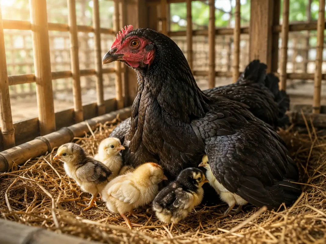 แม่พันธุ์ไก่ชนสุขภาพดีพร้อมลูกไก่แรกฟักที่แข็งแรง