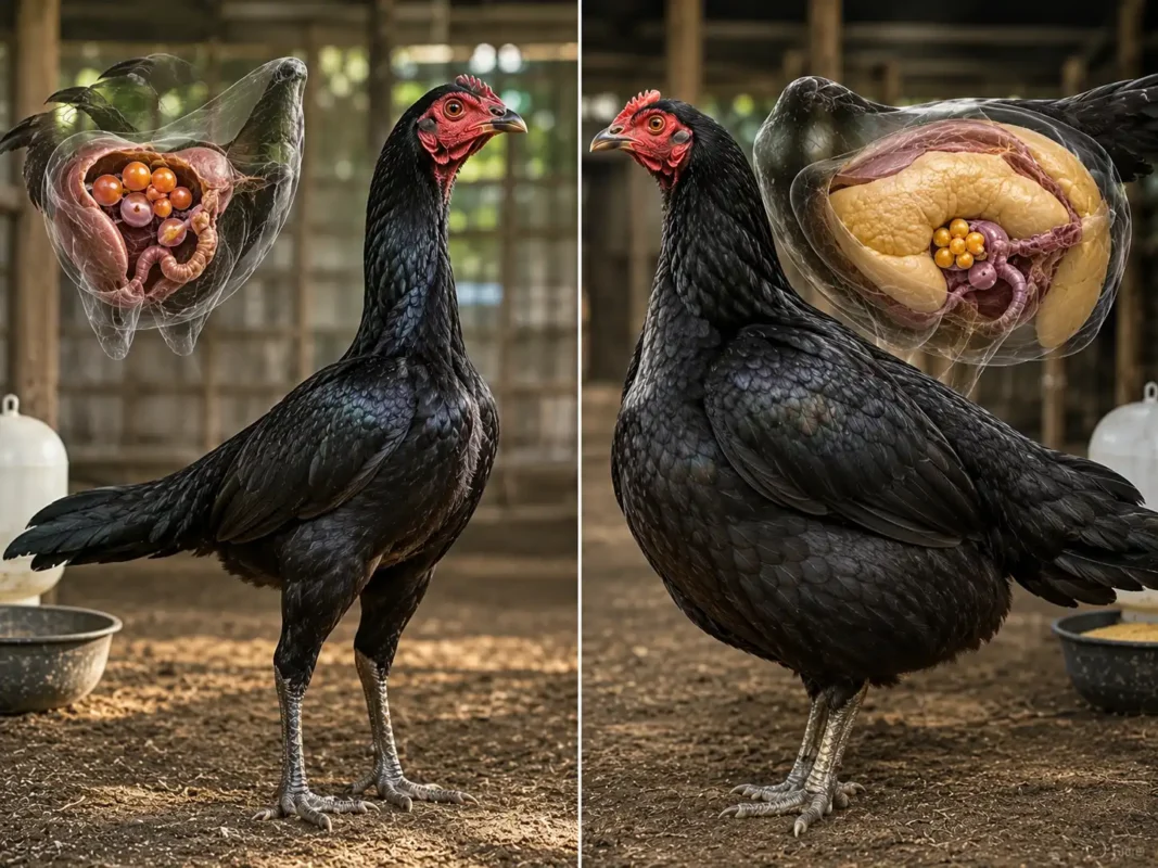 เปรียบเทียบแม่พันธุ์ไก่ชนที่มีสภาพร่างกายเหมาะสมกับแม่พันธุ์อ้วนเกินไป