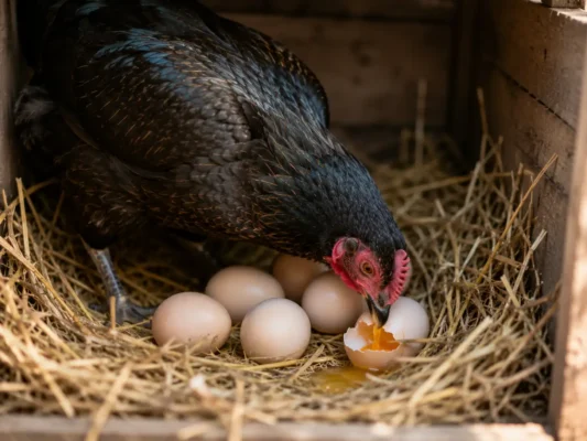 แม่ไก่เริ่มเรียนรู้พฤติกรรมจิกกินไข่หลังไข่แตกโดยอุบัติเหตุ