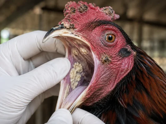 ฝีดาษไก่ชนิดเปียกทำให้เกิดรอยโรคภายในปากและลำคอไก่