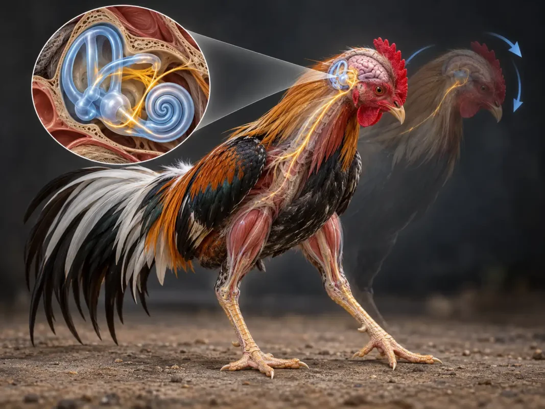 ไก่เสียการทรงตัวและดูเหมือนขาอ่อนจากความผิดปกติของระบบควบคุมสมดุล