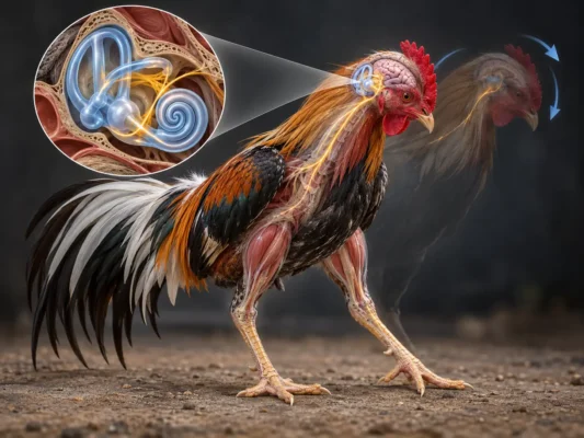 ไก่เสียการทรงตัวและดูเหมือนขาอ่อนจากความผิดปกติของระบบควบคุมสมดุล