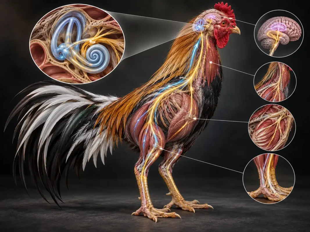 การทำงานร่วมกันของหู สมอง คอ และขาในการรักษาการทรงตัวของไก่