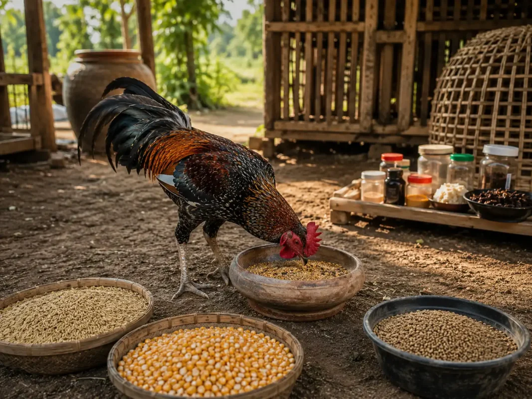 อาหารที่สมดุลและสม่ำเสมอสำหรับไก่ชนก่อนออกชน